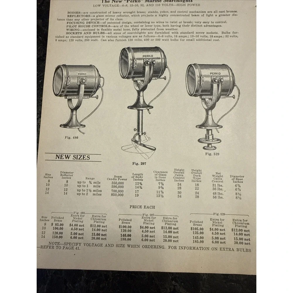 VTG 1930 Print Ad Perko Marine Searchlight Boat Light Ship Yacht Ocean Costal